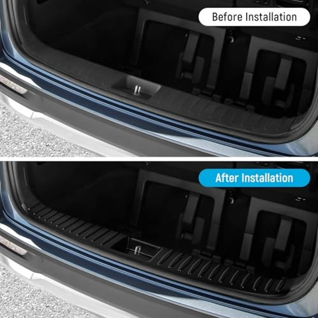 Interior rear bumper protector panel with ribbed texture installed along cargo opening