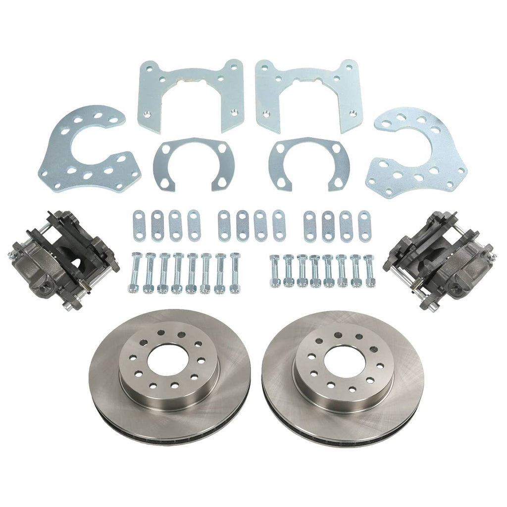 Rear disc brake kit components: two rotors, brackets, calipers, and bolt hardware