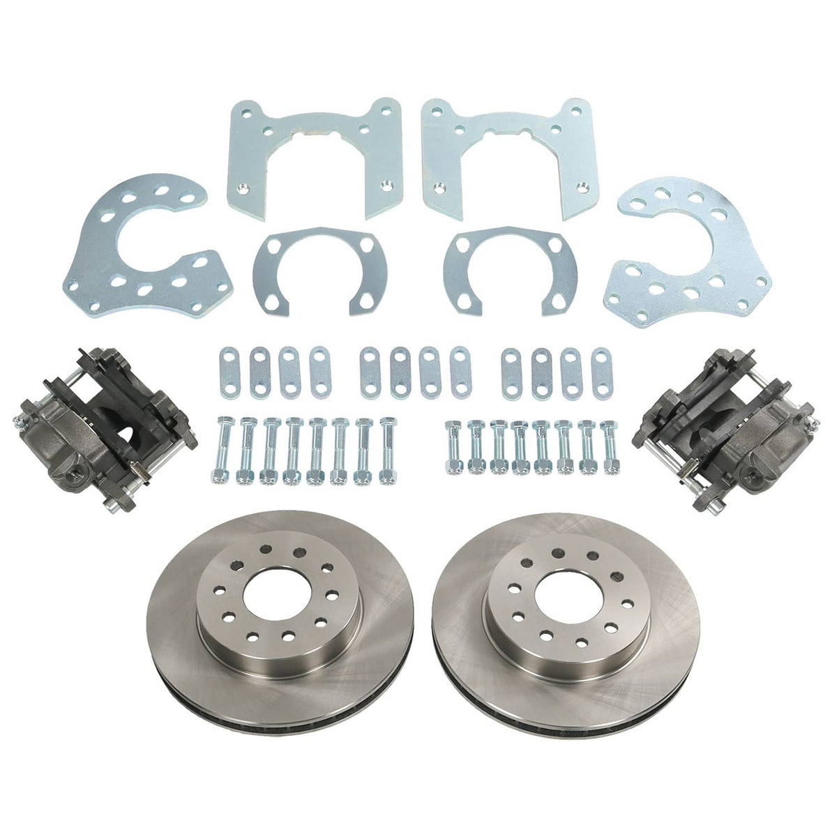 Rear disc brake kit components: two rotors, brackets, calipers, and bolt hardware
