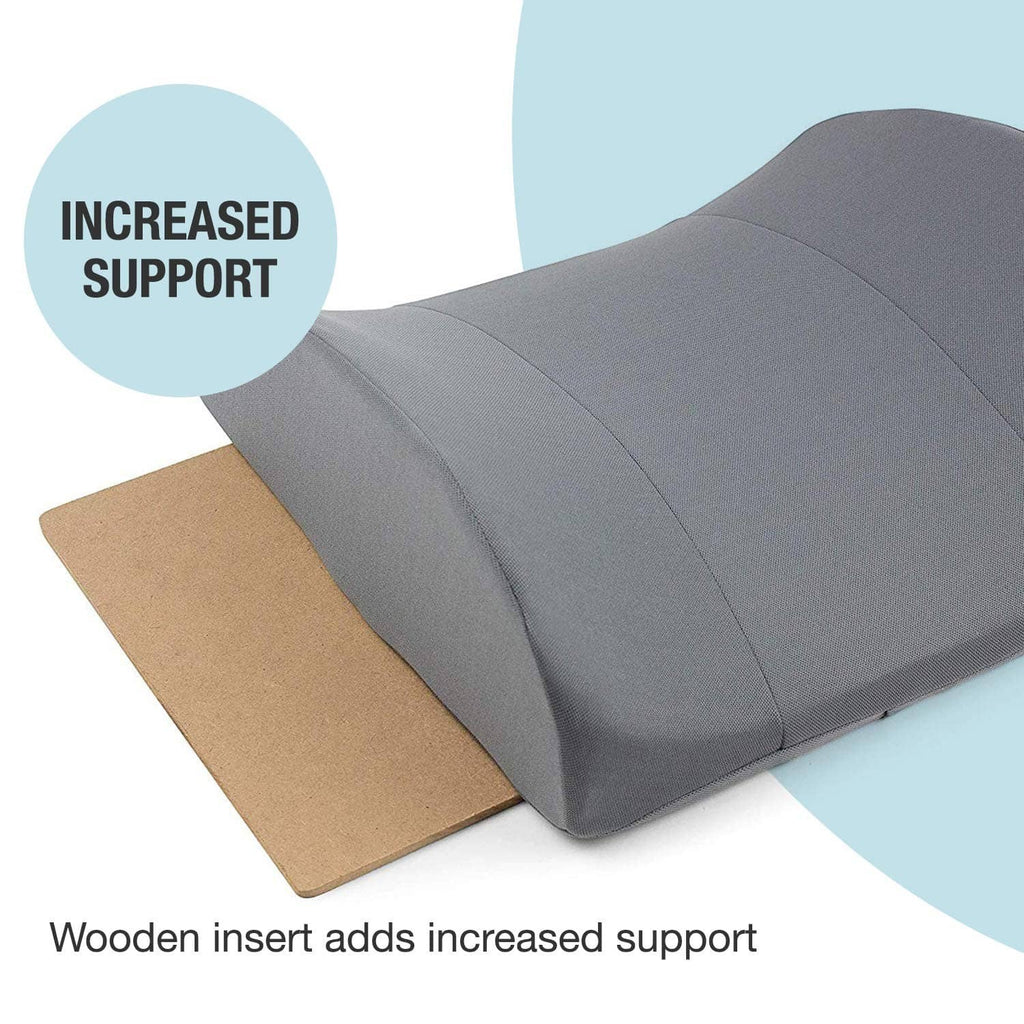 Gray lumbar support pillow showing a flat wooden support insert beneath the cushion