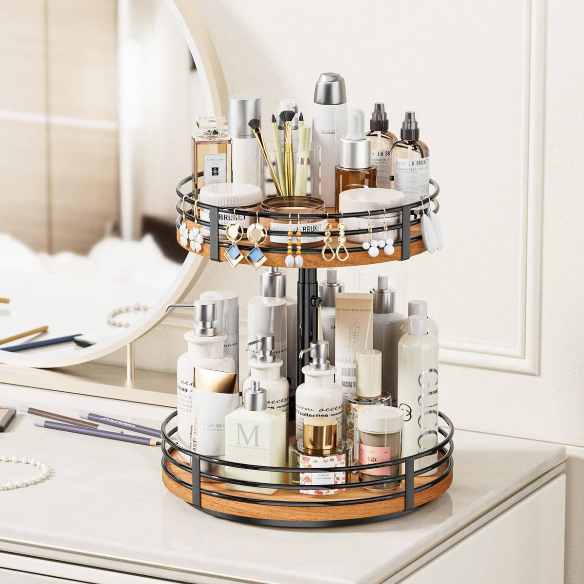 2-tier rotating organizer turntable holding glass bottles, jars, and seasoning containers