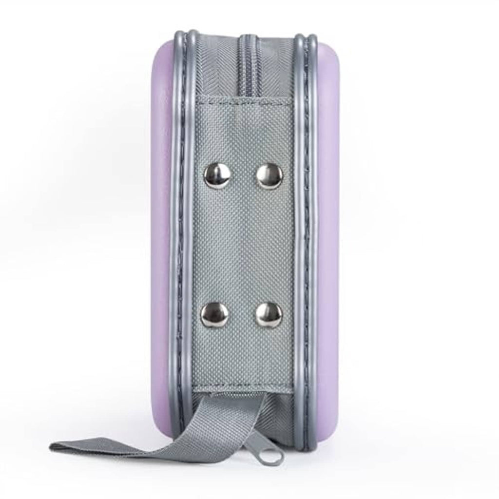 Lavender hard CD/DVD case with gray strap, rivet details, and hinge back panel