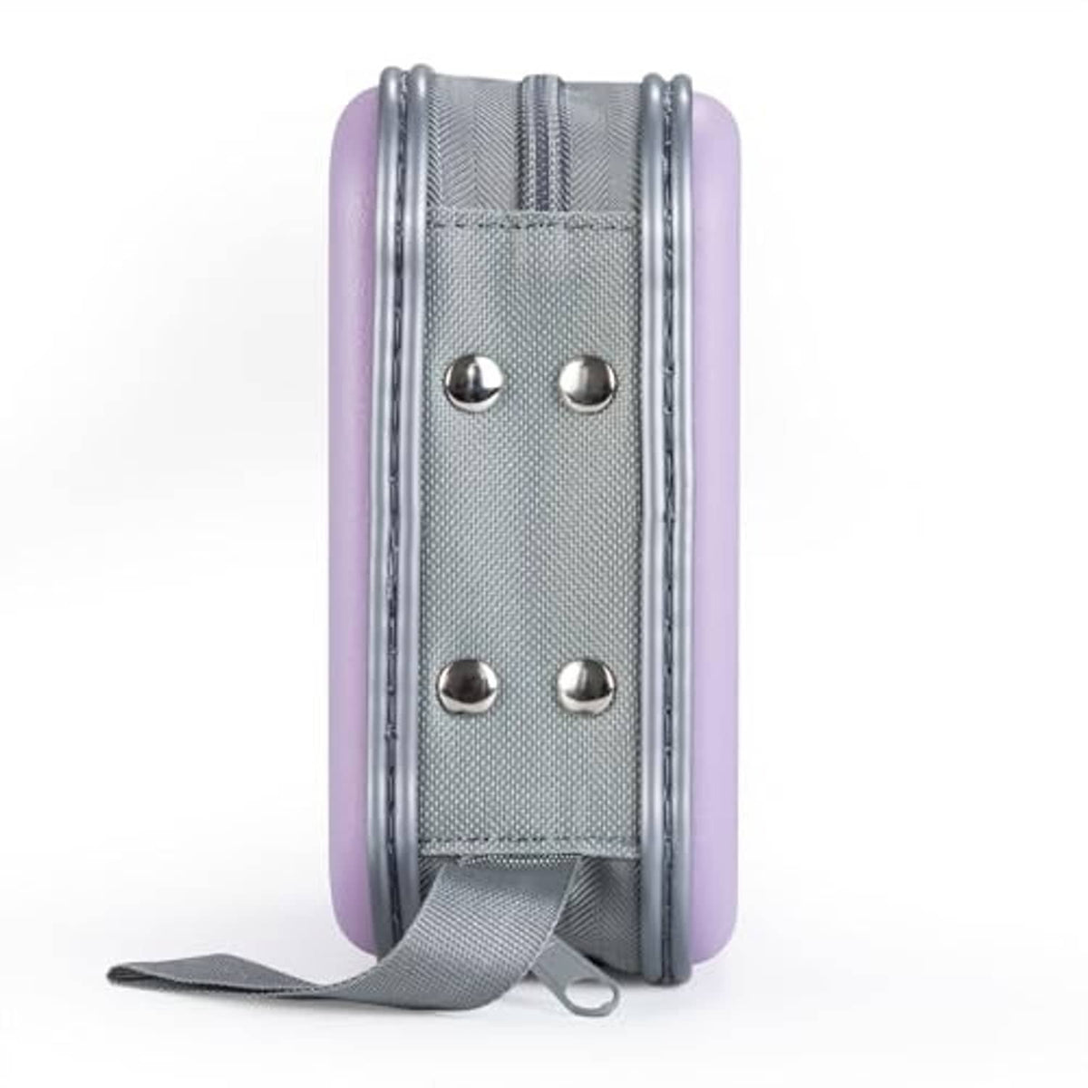 Lavender hard CD/DVD case with gray strap, rivet details, and hinge back panel