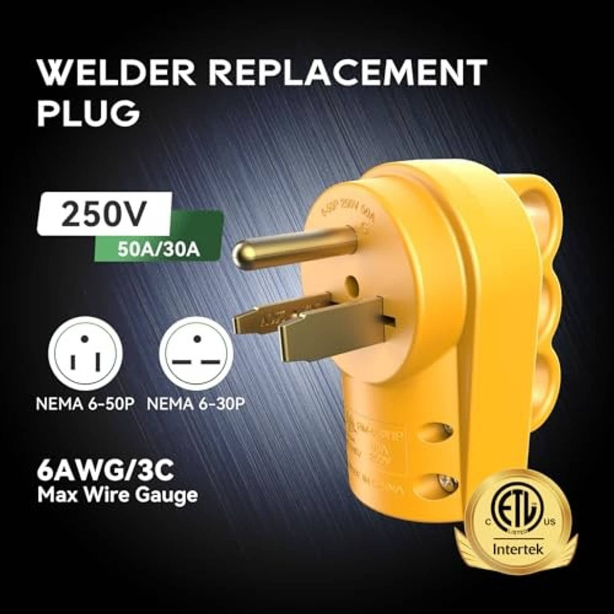 Yellow welder replacement plug with two flat blades and parallel pins