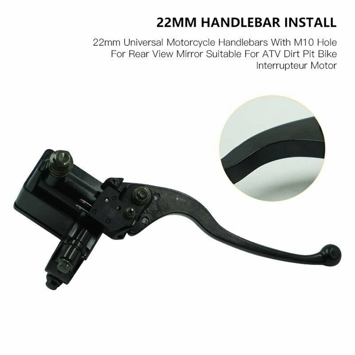 Black brake master cylinder lever with clamp mount for 22mm handlebars, angled view
