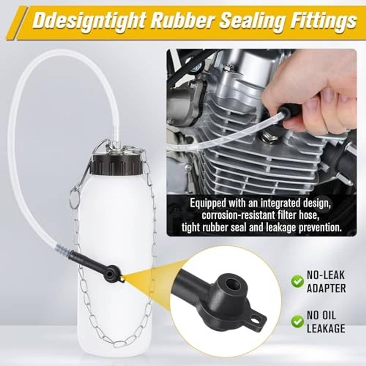 Brake bleeder bottle with integrated filter hose and black adapter fitting