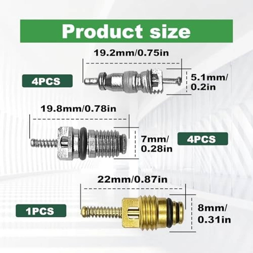 Assorted air conditioning valve cores shown with size measurements in diagram