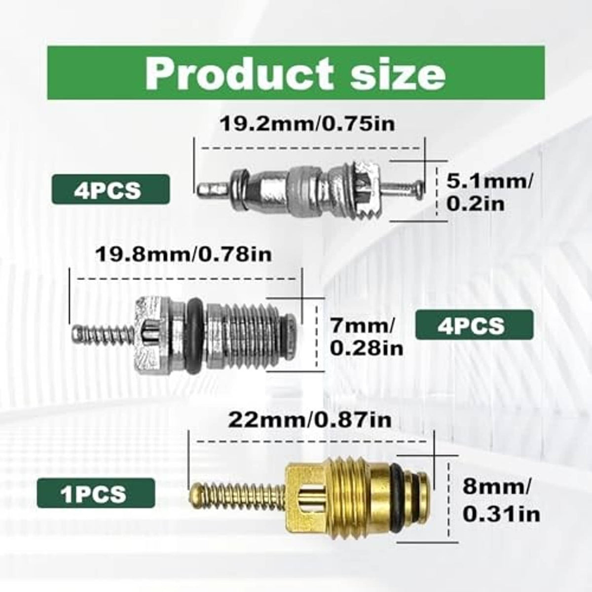 Assorted air conditioning valve cores shown with size measurements in diagram