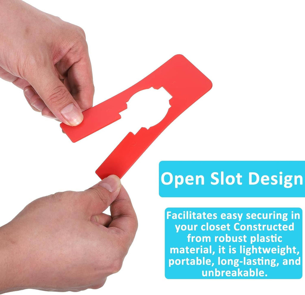 Red hanging closet divider being placed on a hanger slot, open cutout design