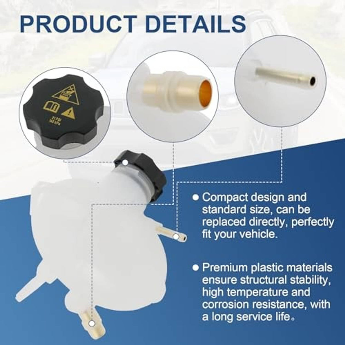 Coolant reservoir tank with black cap and detail views of fittings