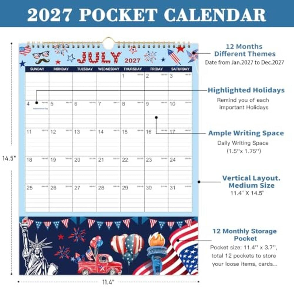2027 pocket calendar with blue cover, highlighted holidays and 12-month layout