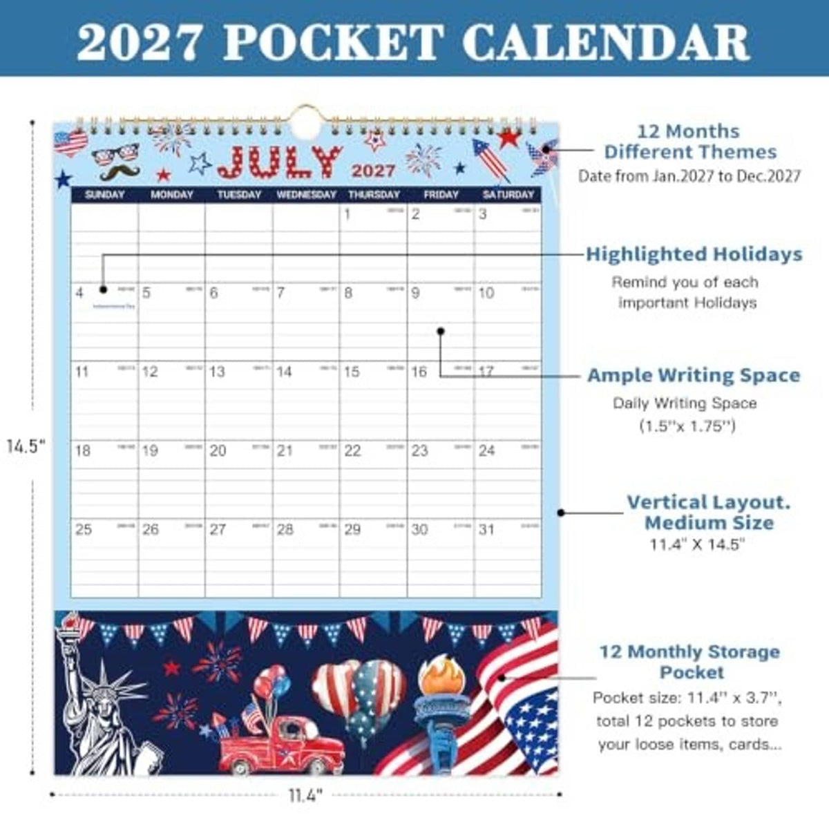 2027 pocket calendar with blue cover, highlighted holidays and 12-month layout