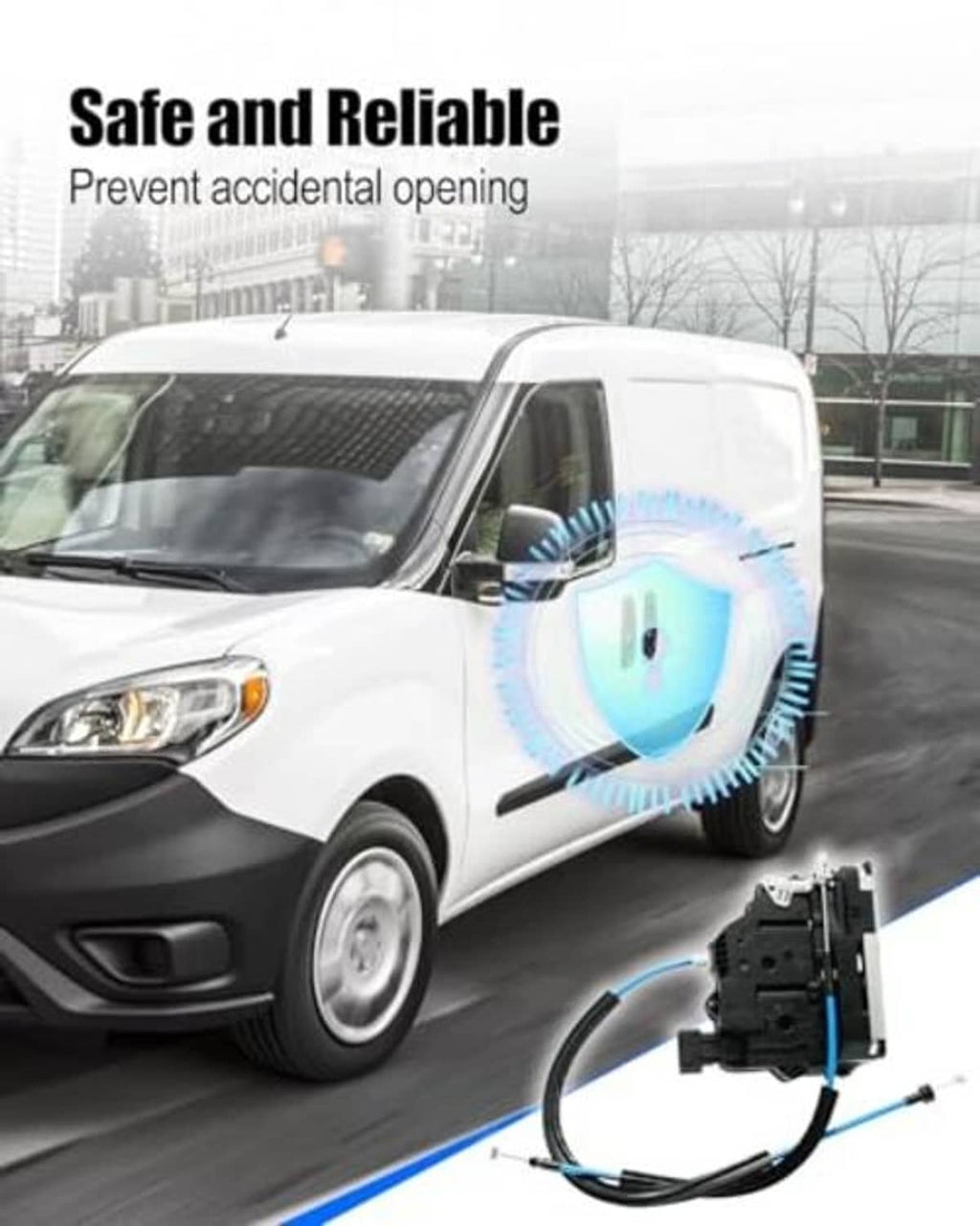 Door latch lock actuator with cables near vehicle door, black module and blue wire leads