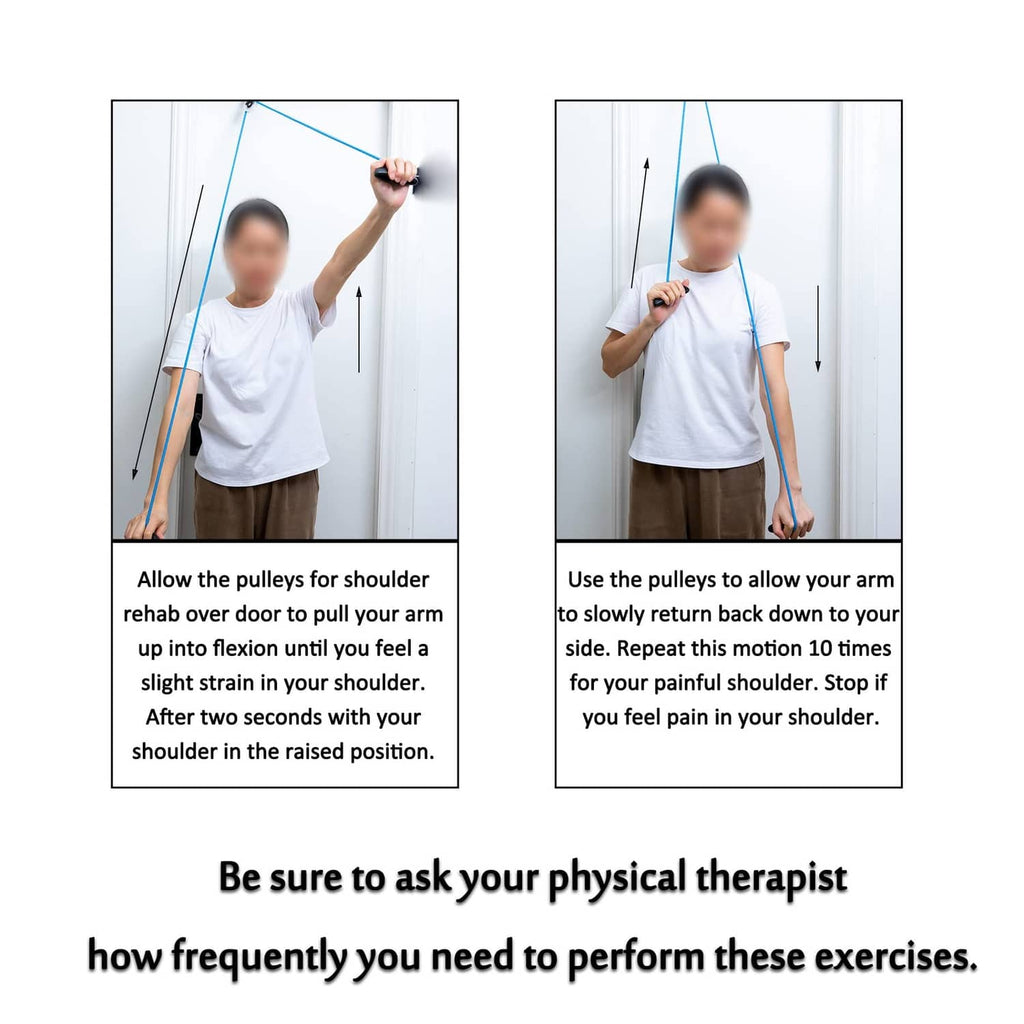 Shoulder pulley exercise with blue rope and black pulley handle for arm rehab