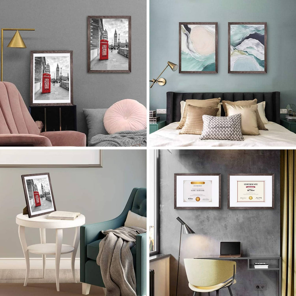 Rustic brown picture frames on wall, displaying multiple framed photos
