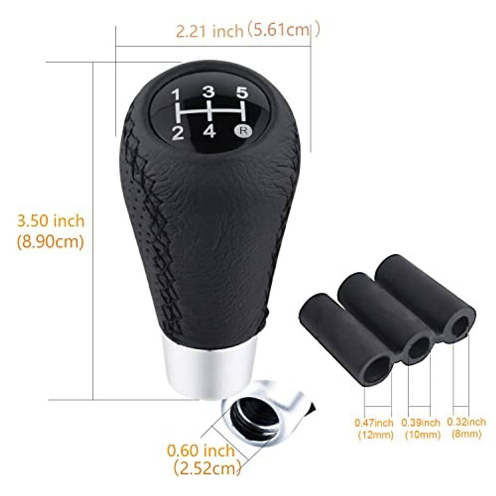 Black leather shift knob, silver base; size shown: 3.50 in tall, 0.60 in diameter
