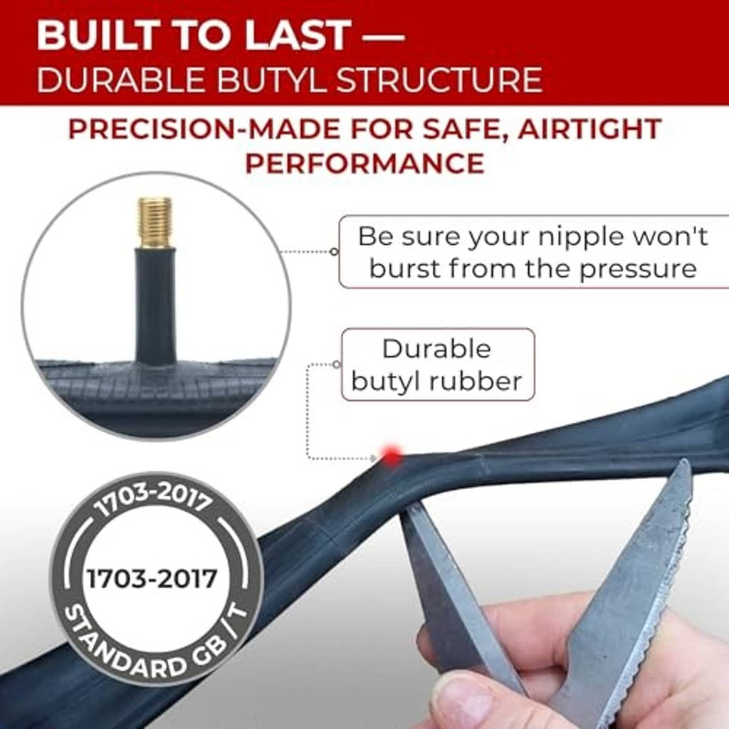 Black inner tube with gold Schrader valve and butyl rubber structure cutaway