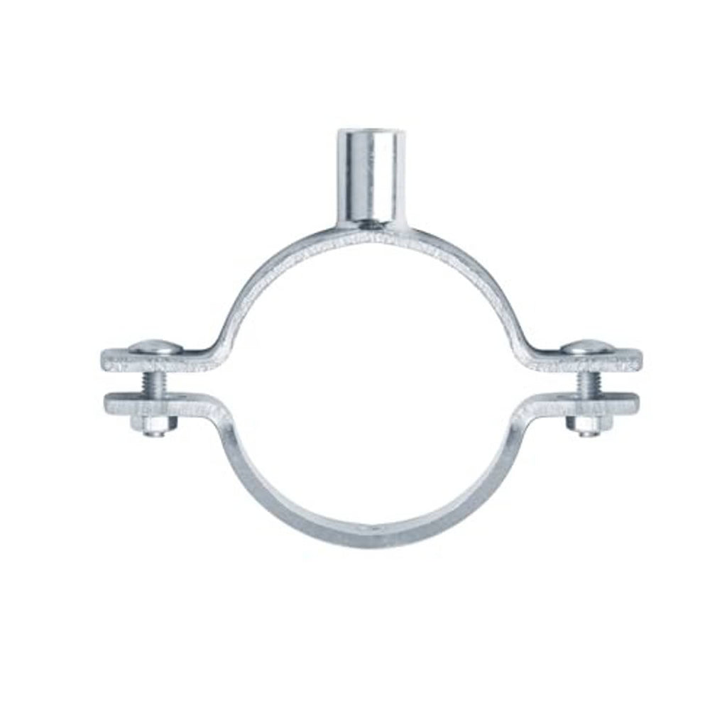 Galvanized split-ring pipe hanger clamp with central bolt post