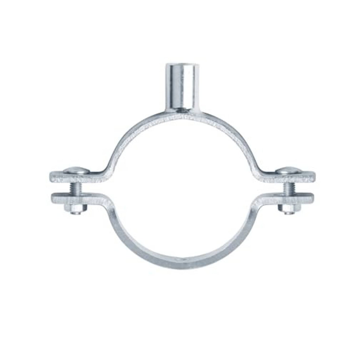 Galvanized split-ring pipe hanger clamp with central bolt post