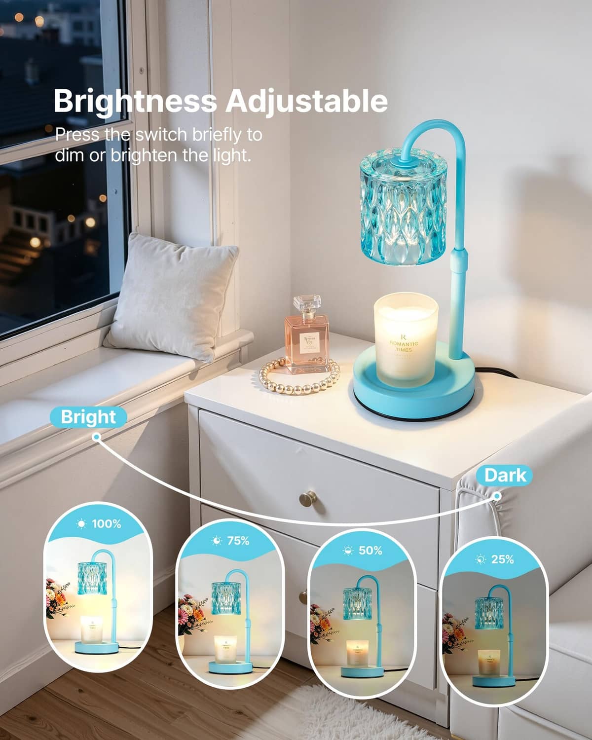 Blue dimmable candle warmer lamp with ribbed glass shade and lit jar candle on desk