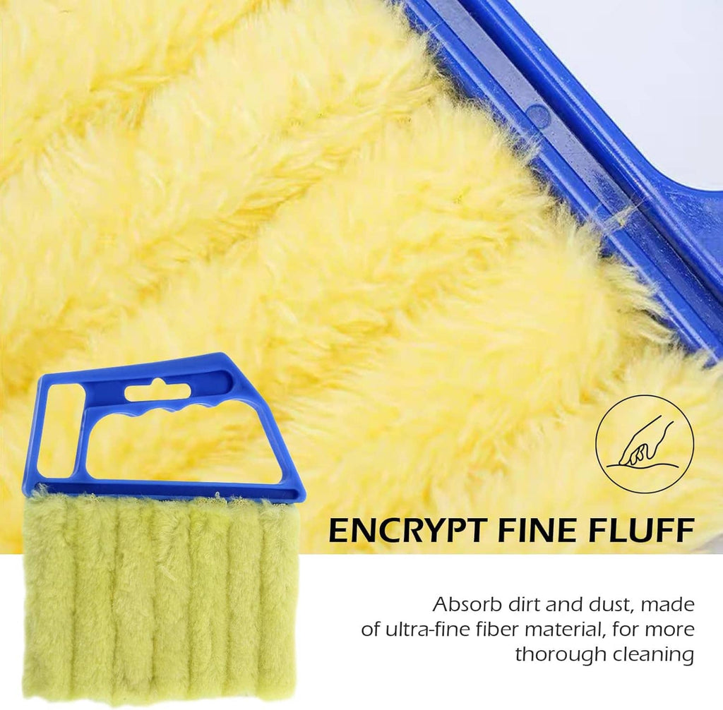 Blue-handled microfiber duster brush with dense lime green plush cloth head, close-up