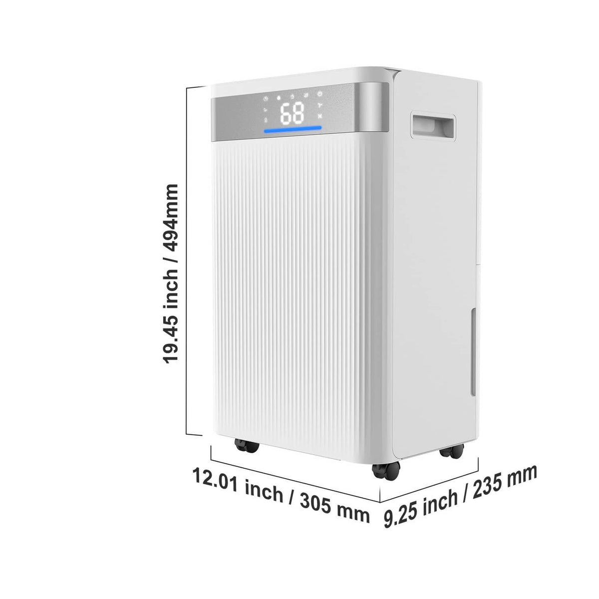 White dehumidifier with top LED display and side view size dimensions