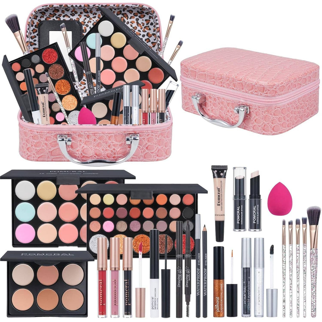 Red faux-croc makeup kit case with mirror, palettes, brushes, lip gloss, and other cosmetics