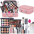 Red faux-croc makeup kit case with mirror, palettes, brushes, lip gloss, and other cosmetics