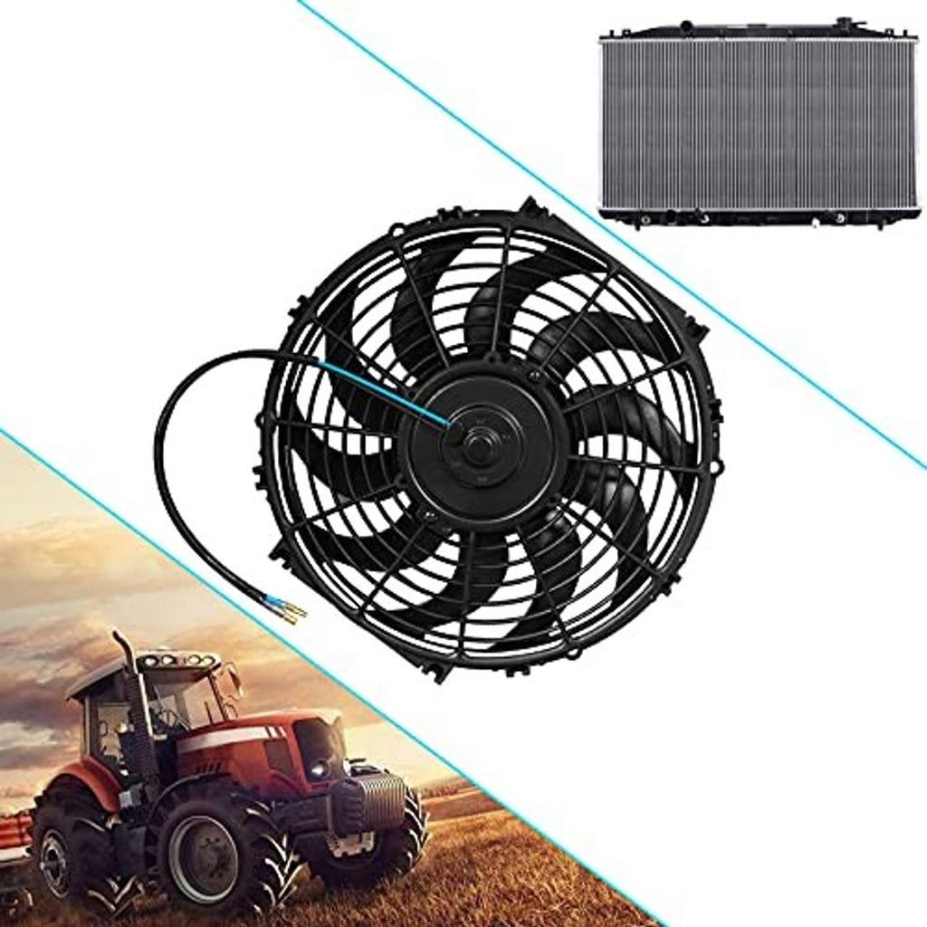 Electric radiator cooling fan mounted toward a radiator, with tractor application shown