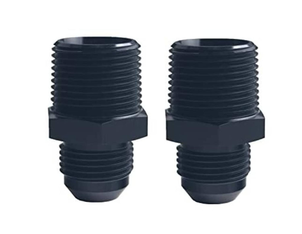Black male flare-to-NPT adapter fittings with threaded ends, two-pack