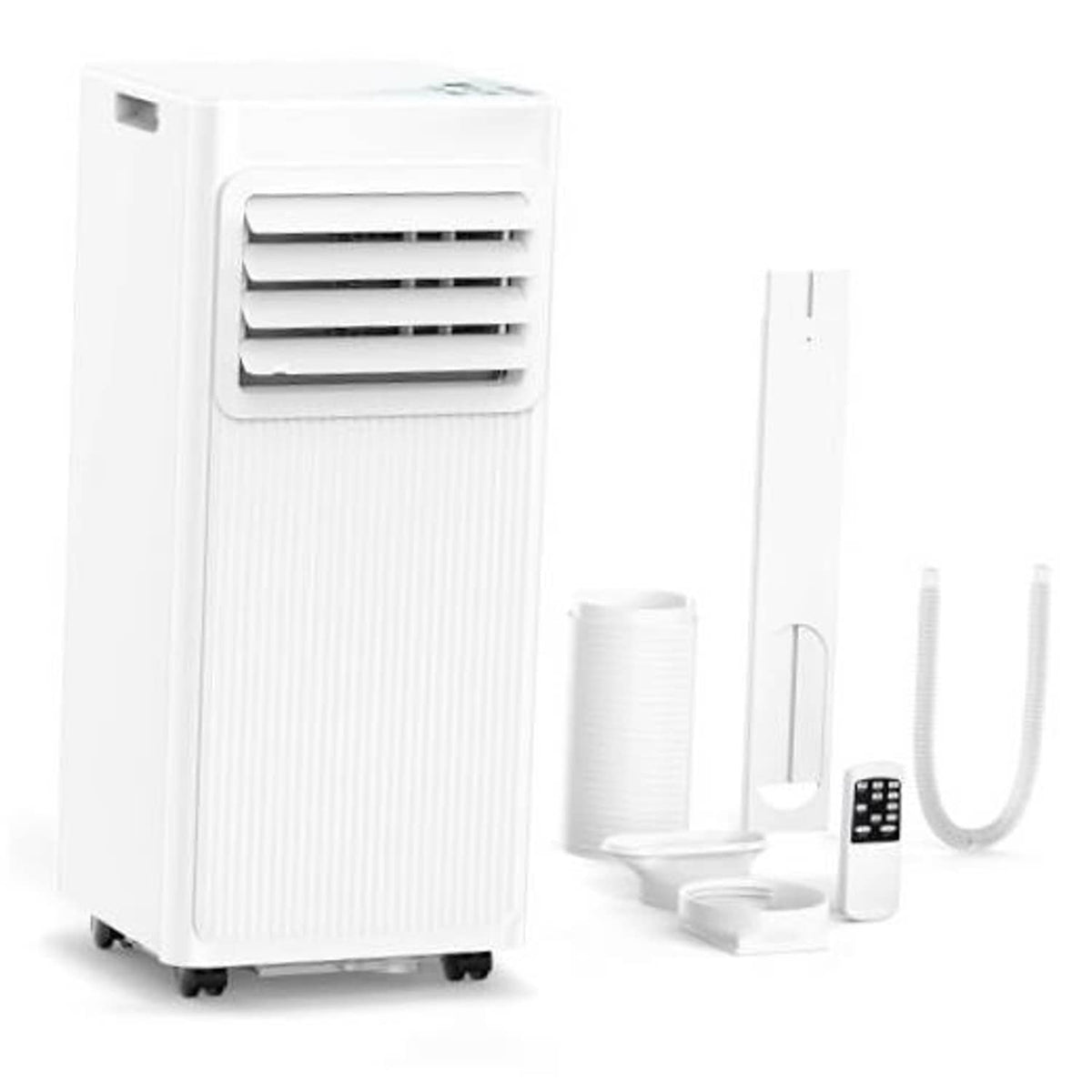 White portable air conditioner with front air vent and caster wheels.