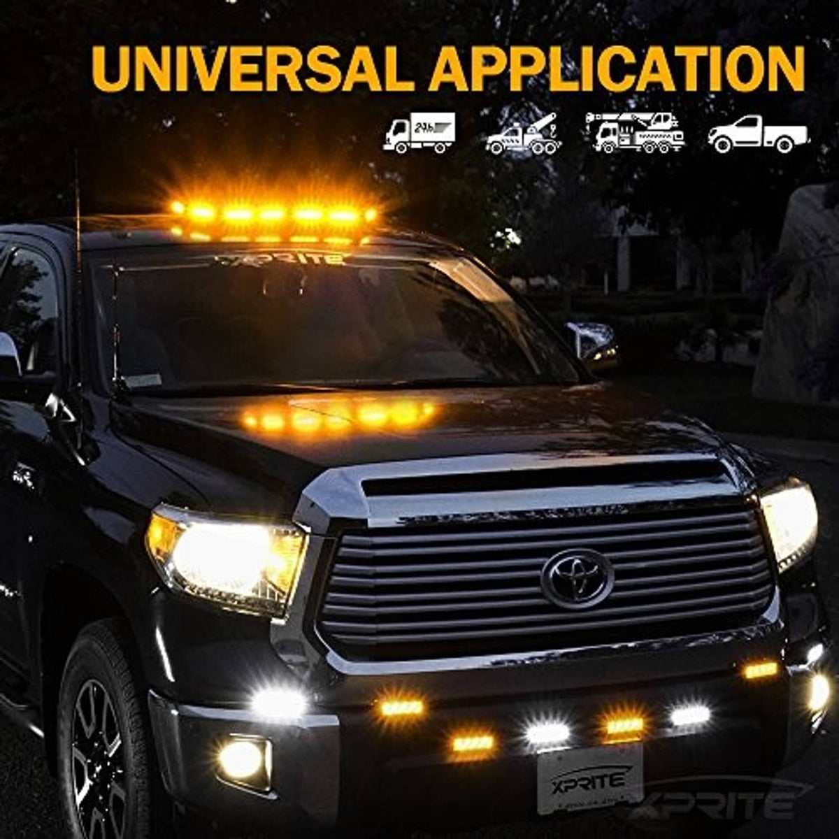 Amber LED strobe light bar mounted on vehicle roof, bright amber roofline lights