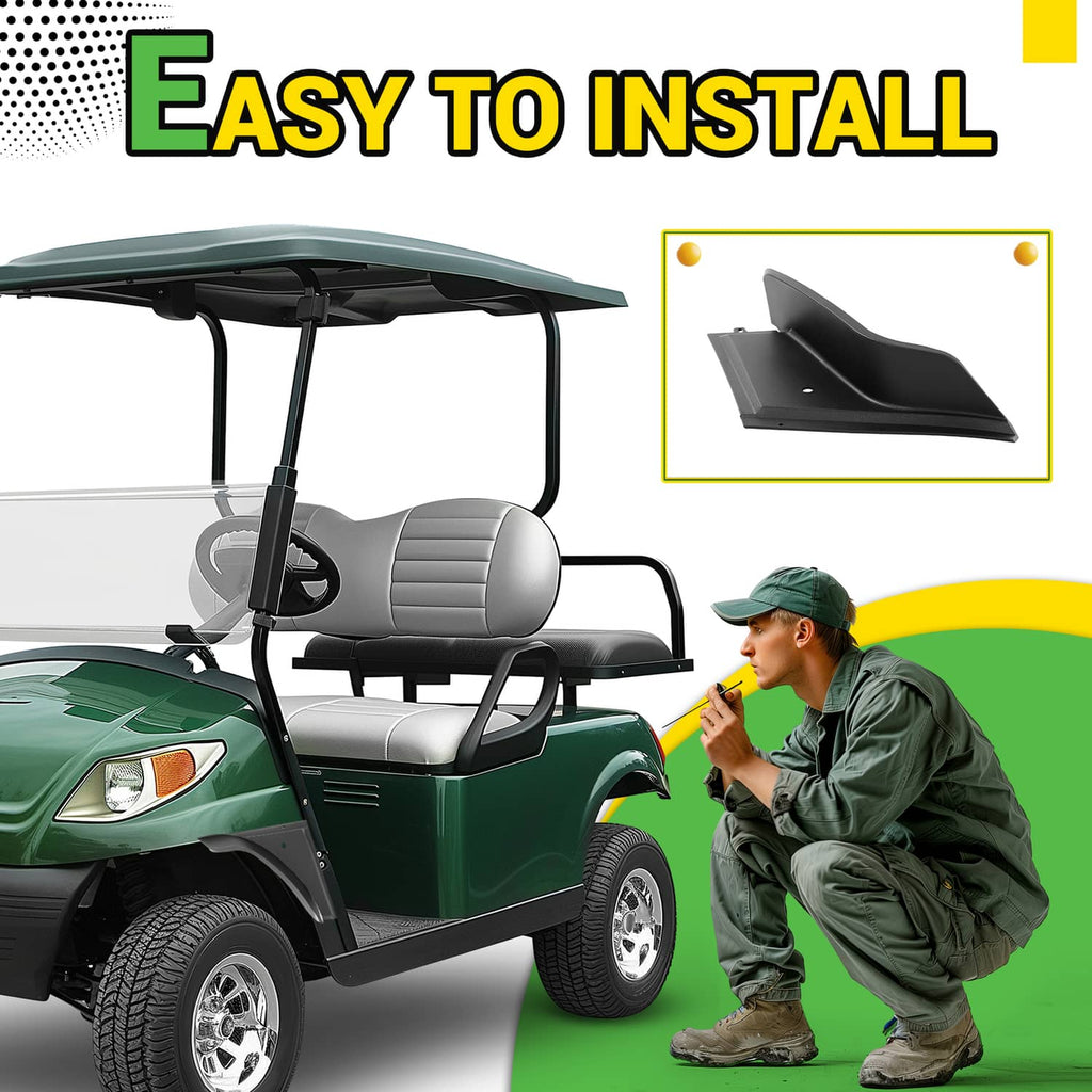 Black front fender flare on a golf cart during installation, driver-side corner