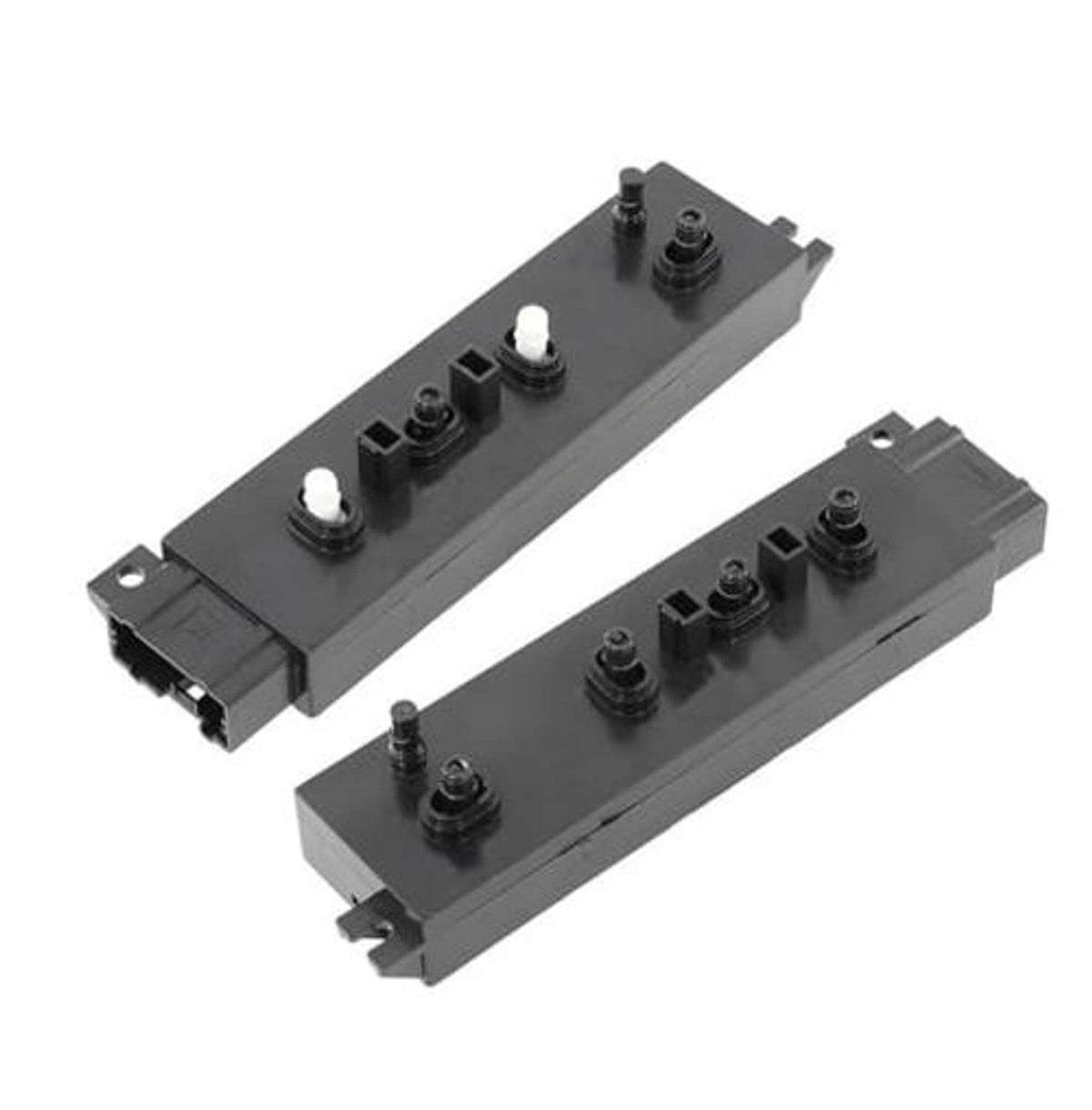 Car seat power switch module, dark gray with multiple rocker buttons, side mount tabs