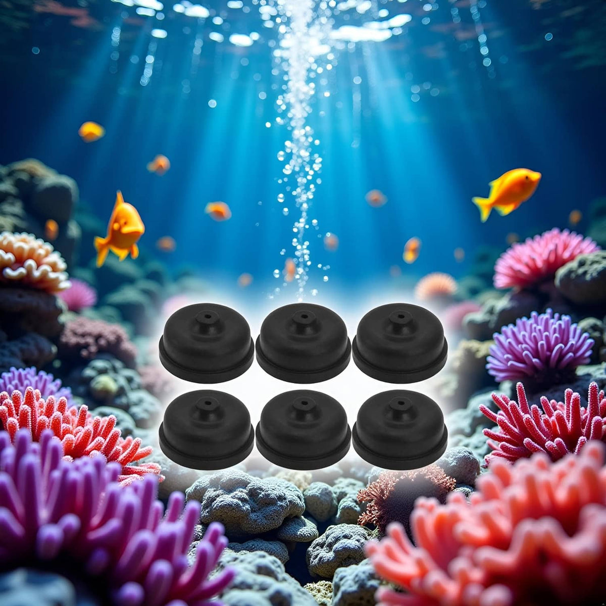 Six black diaphragms on sandy bottom, domed rubber caps with holes