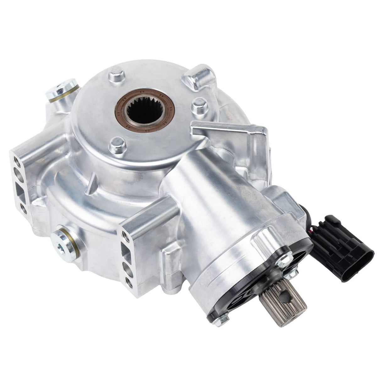 Front differential assembly with round bearing cover, silver housing, and black electrical plug