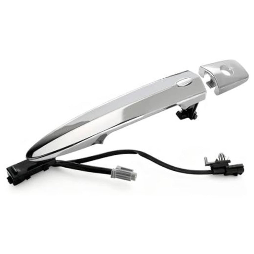 Chrome exterior door handle with black mounting clips and keyless wiring harness