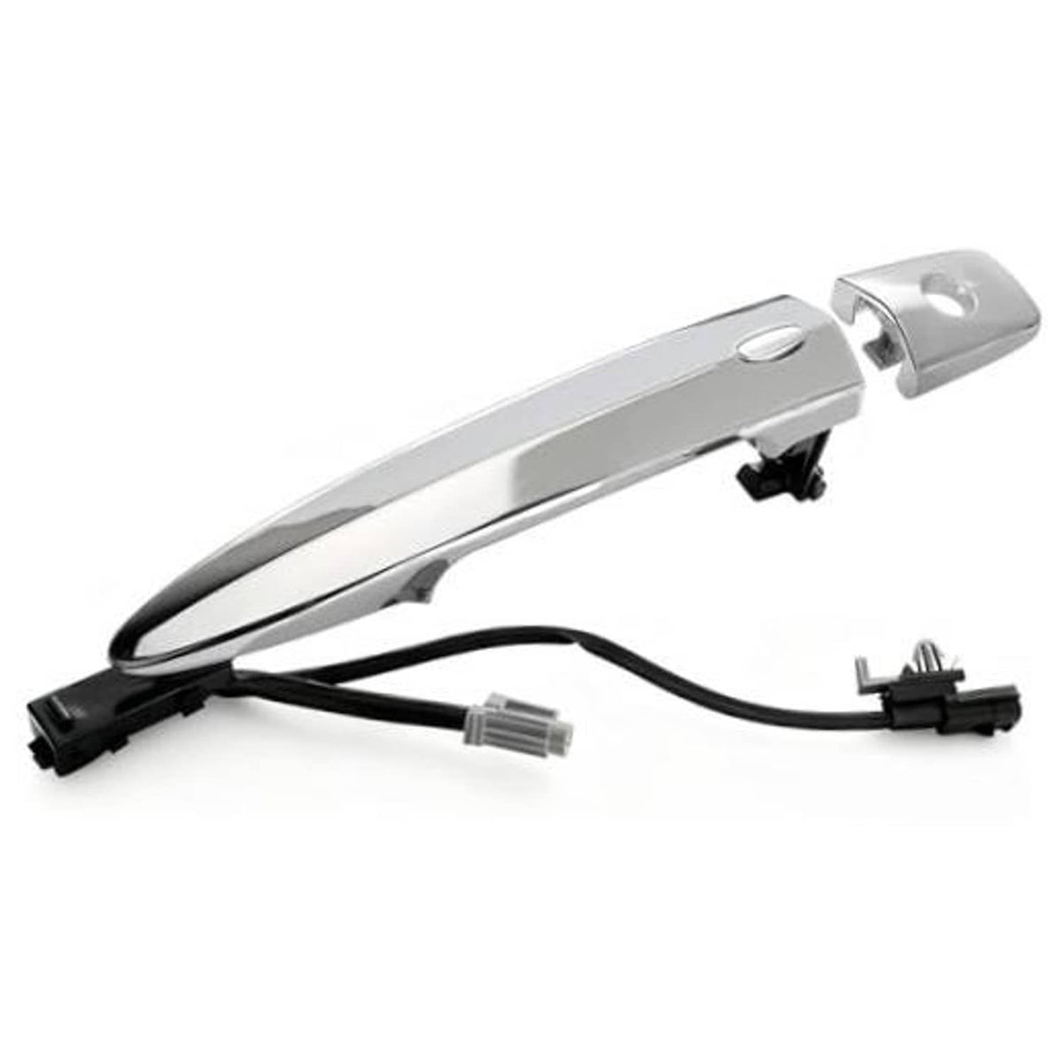 Chrome exterior door handle with black mounting clips and keyless wiring harness