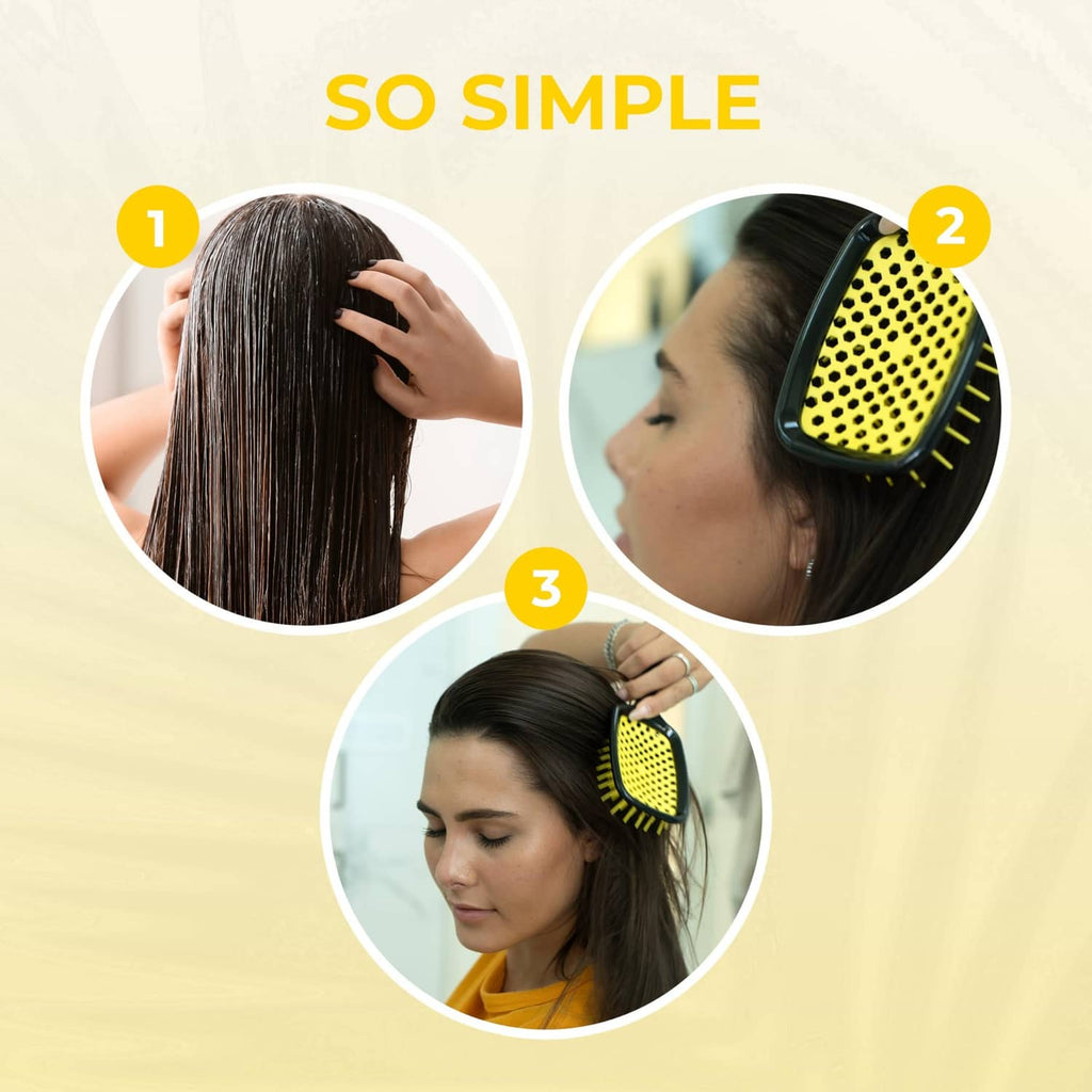 Detangling hair brush with yellow bristles shown combing hair strands