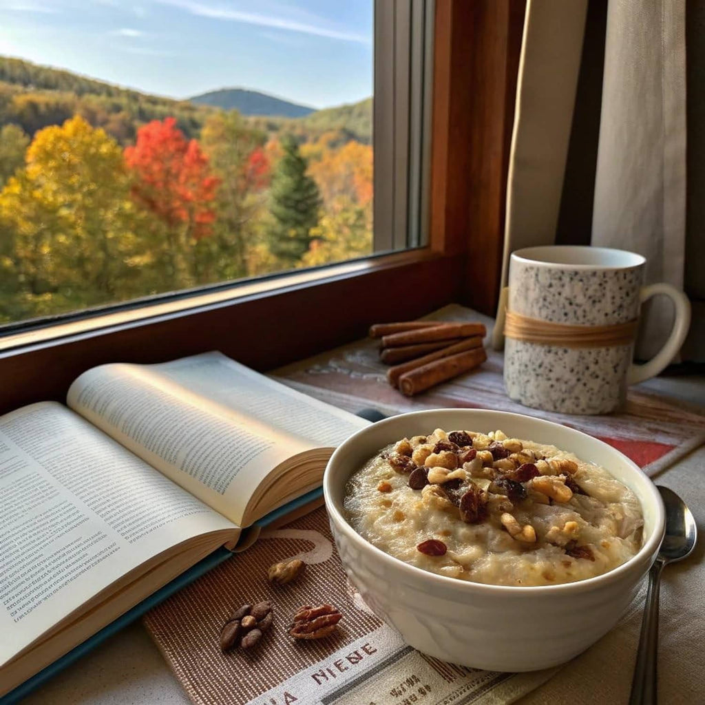 Bowl of oatmeal with nuts and raisins on a table beside an open book