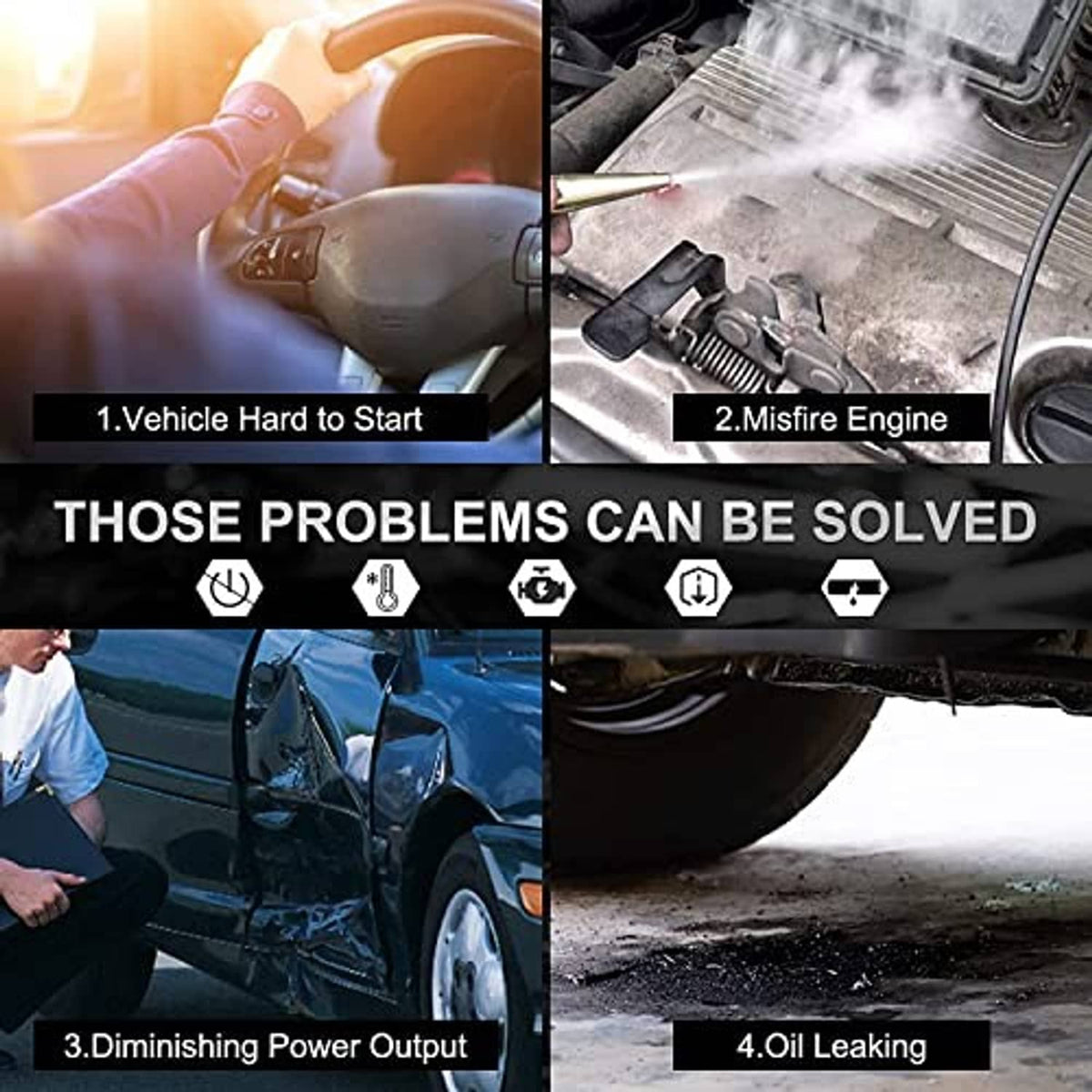 Ignition control module troubleshooting graphic with warning icons over engine bay