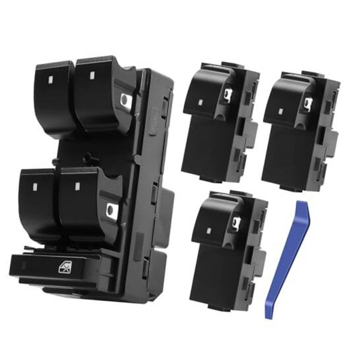 Power window switch kit with multiple black rocker switches and control modules