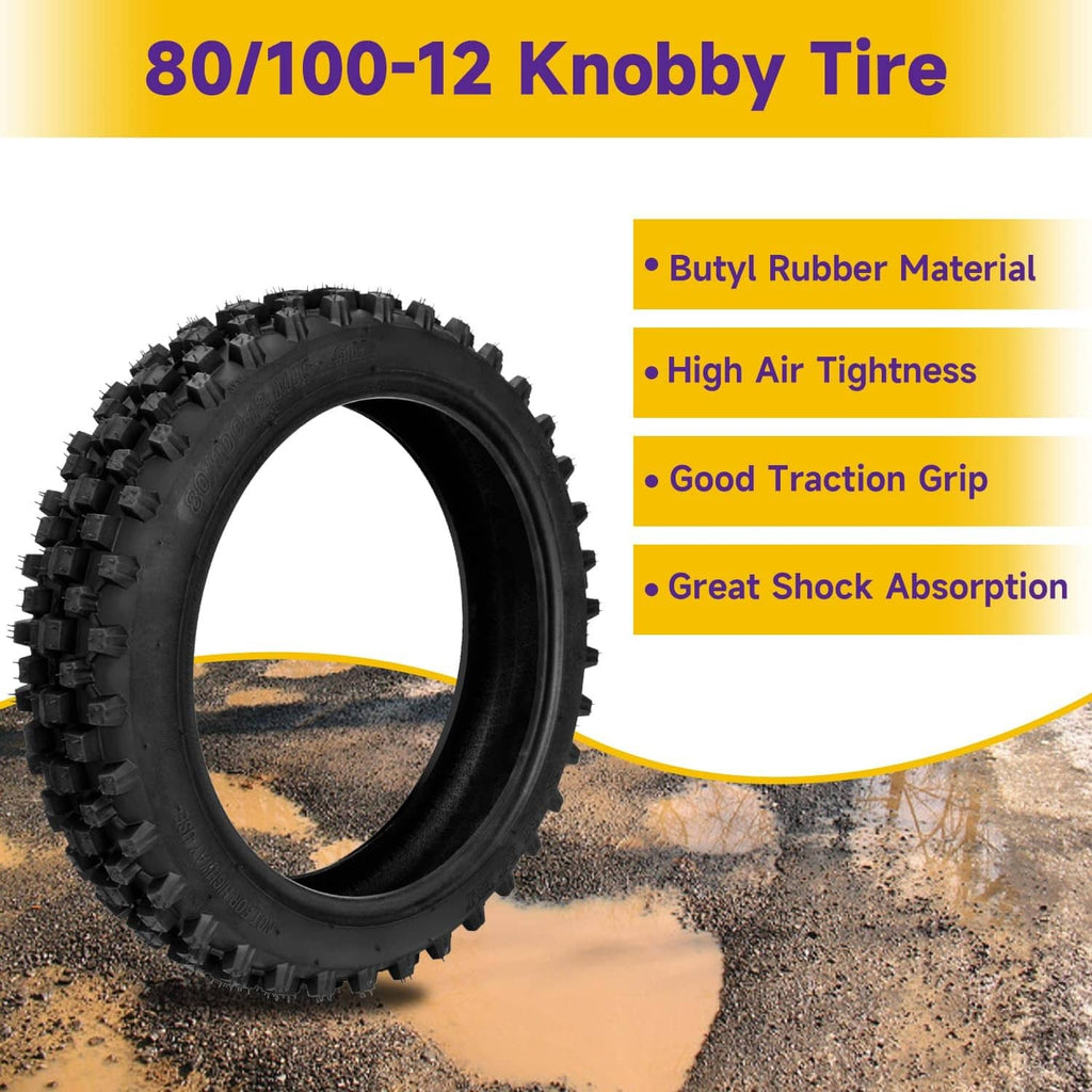Knobby dirt bike tire, 80/100-12, deep tread blocks