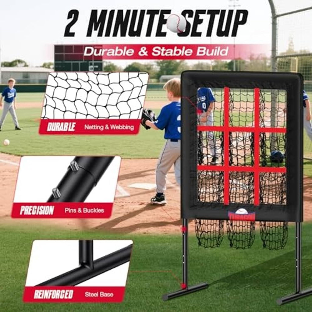Foldable pitching net target with red strike zone grid and steel base supports