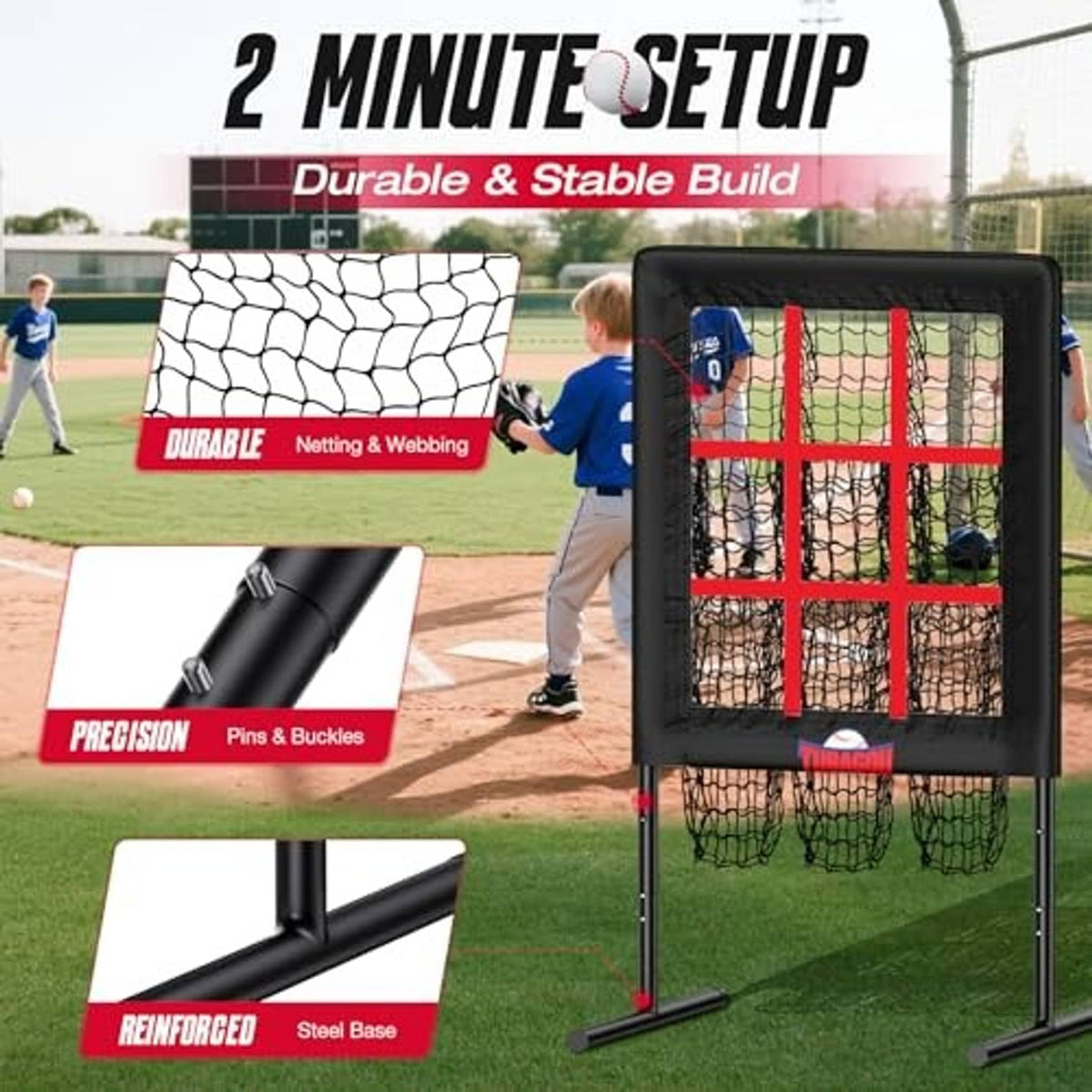 Foldable pitching net target with red strike zone grid and steel base supports
