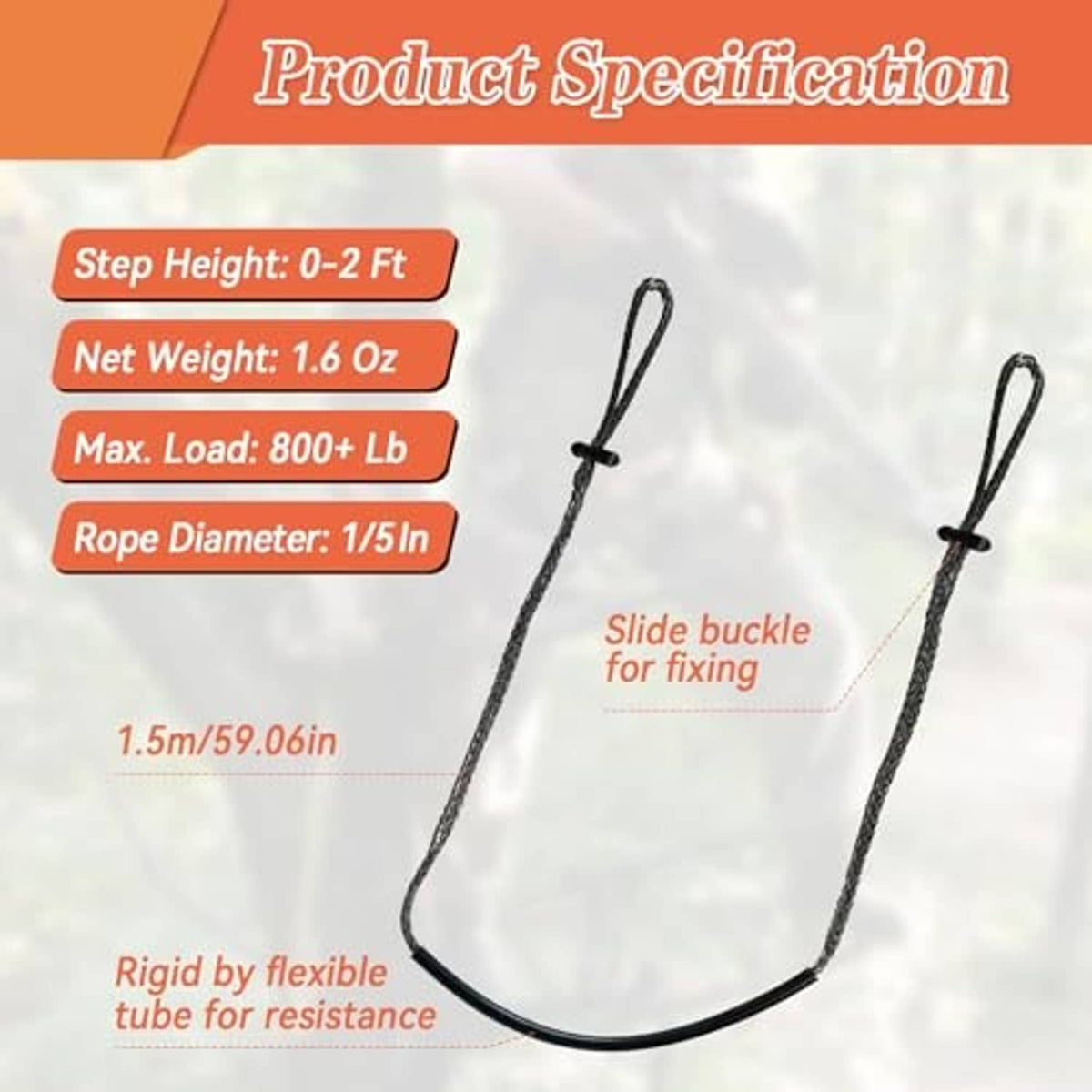 Black braided climbing aider rope with U-shaped foot loop and connector