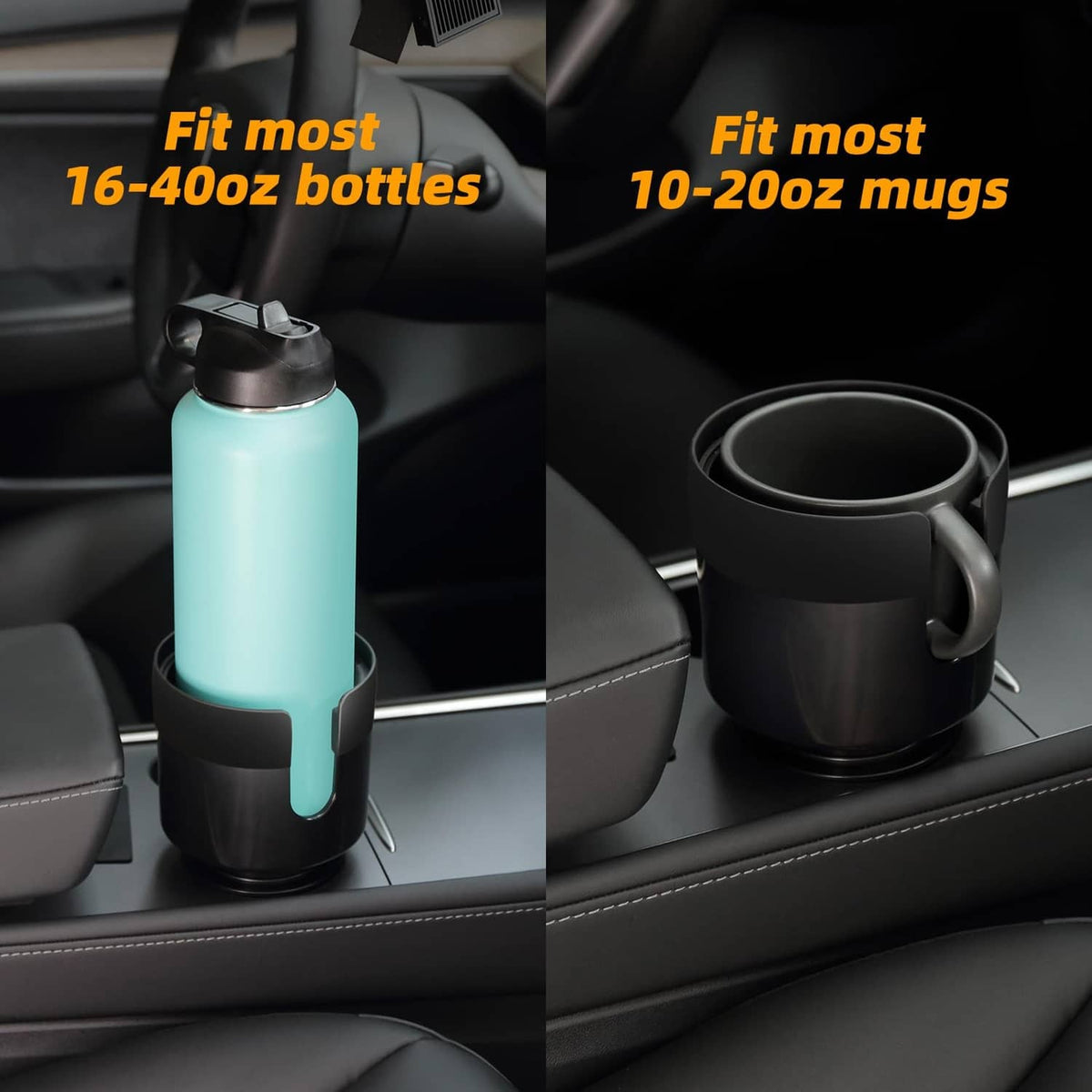 Black car cup holder expander fitting tall bottles and handled mugs