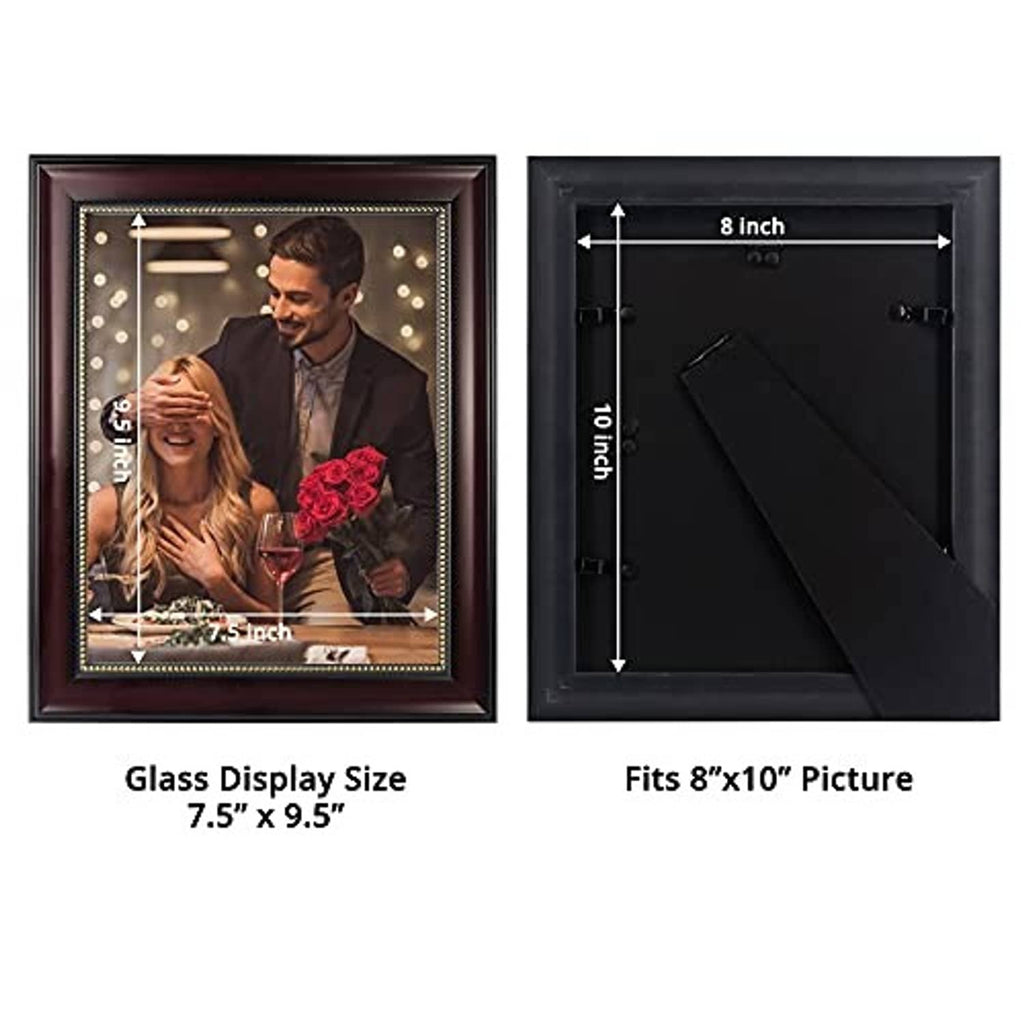 Brown photo frame with illuminated border and glass front showing a couple photo