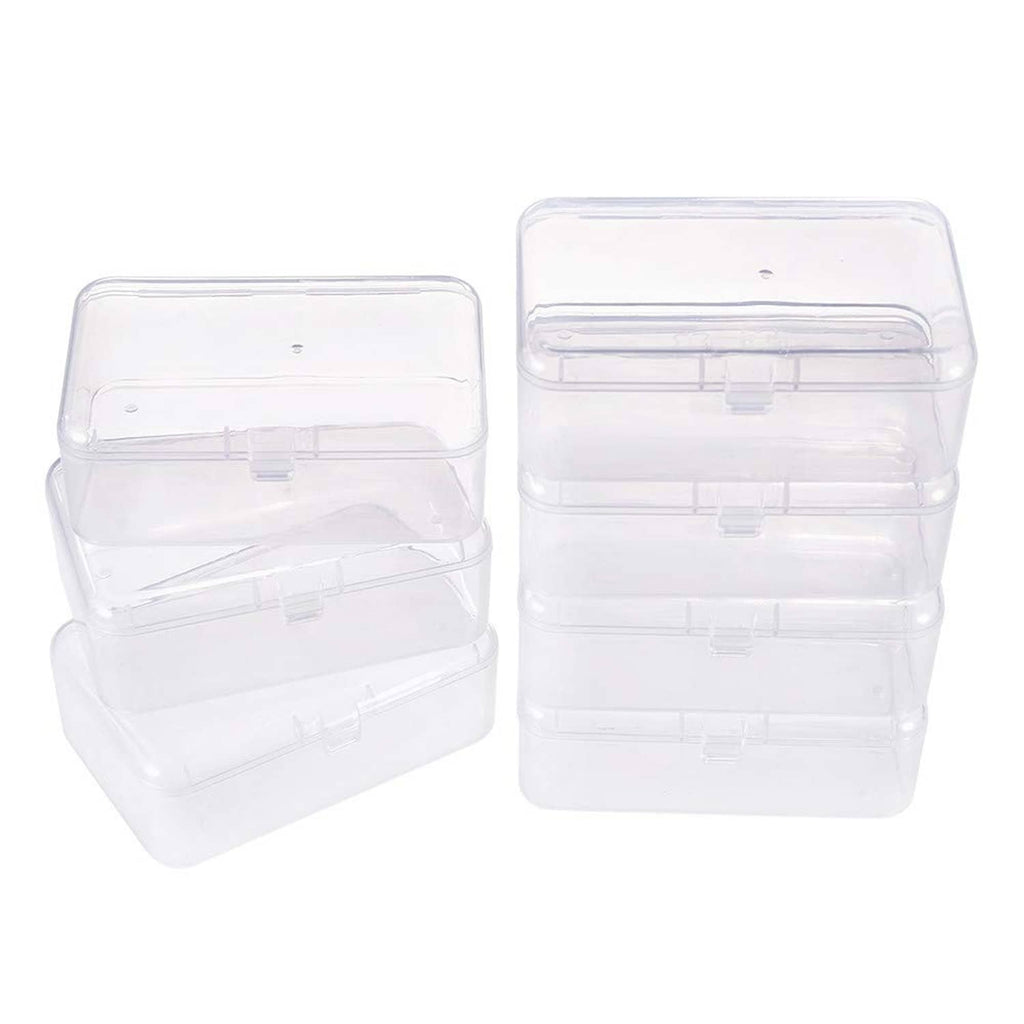 Clear plastic bead storage organizer with four hinged compartments, two boxes shown