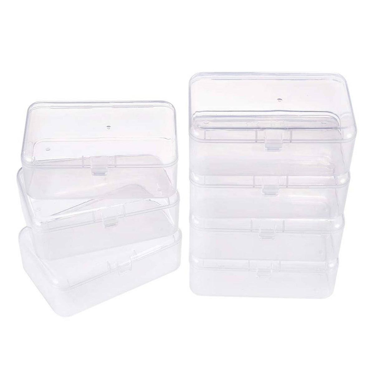 Clear plastic bead storage organizer with four hinged compartments, two boxes shown